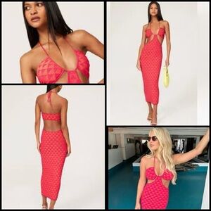 Solid & Striped Kiana Geometric Pink Orange Halter Cutout Midi ASO TV Dress S